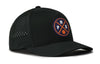 Black 5-panel basketball performance hat with perforated side and front logo patch detail.