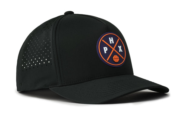 Black 5-panel basketball performance hat with perforated side and front logo patch detail.
