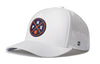 White 5-panel basketball performance hat with mesh back and snapback, front logo patch.