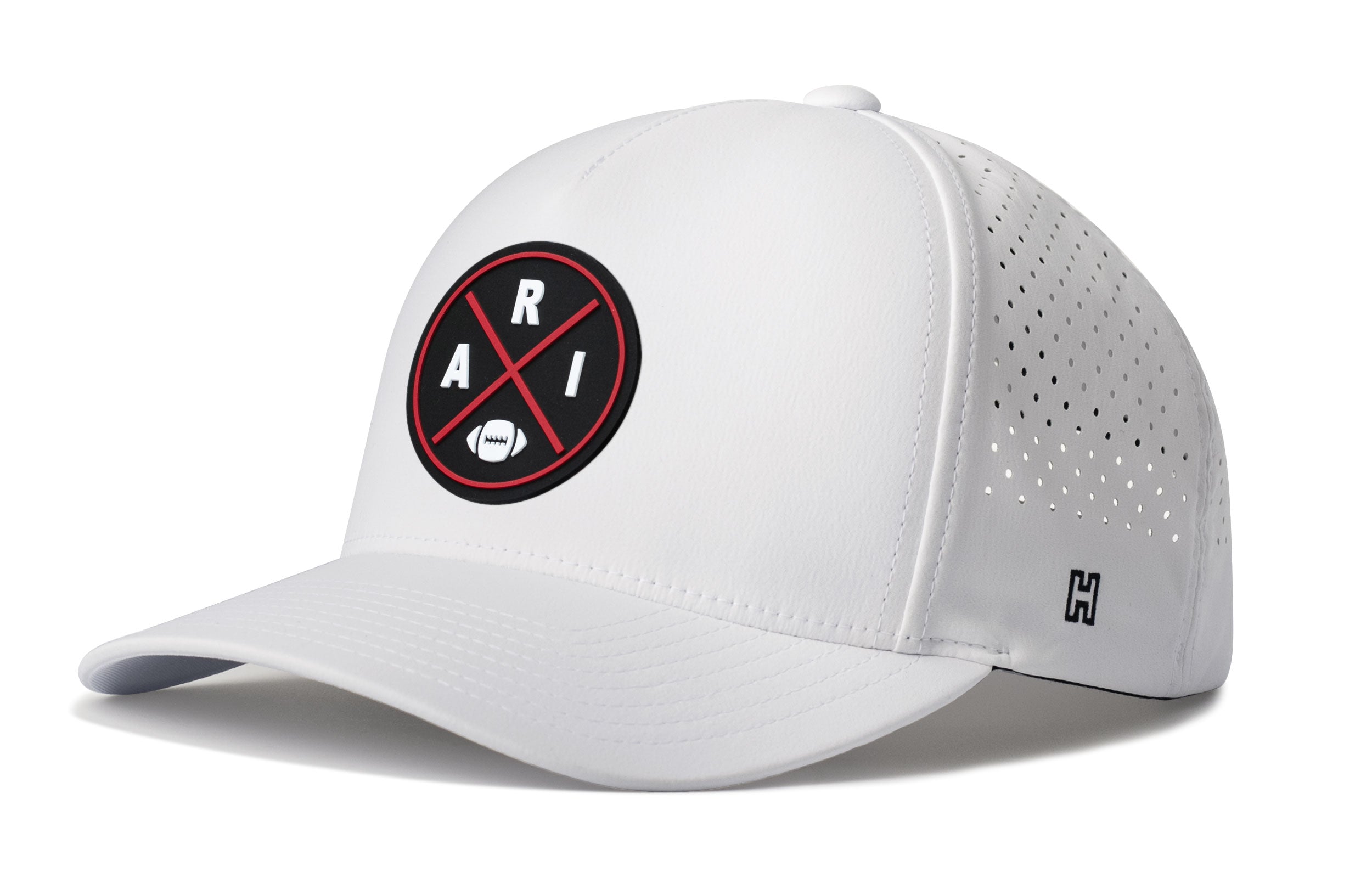 White 5-panel performance cap with circular logo patch and perforated side panels