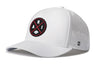 White 5-panel performance cap with circular logo patch and perforated side panels