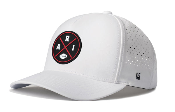 White 5-panel performance cap with circular logo patch and perforated side panels