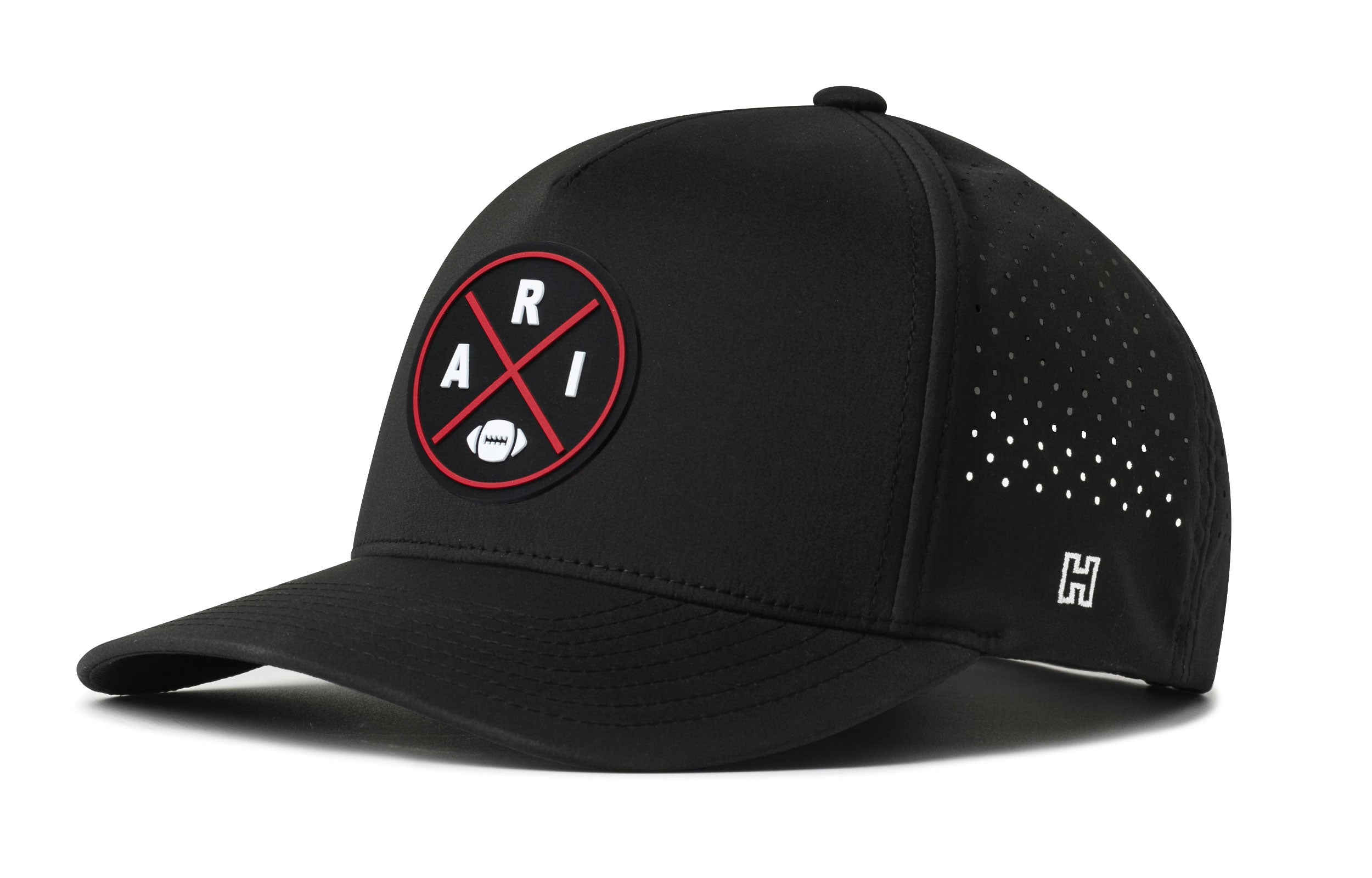 Black 5-panel performance cap with circular logo patch and perforated side panels