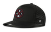 Black 5-panel performance cap with circular logo patch and perforated side panels