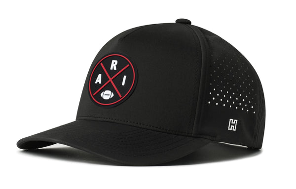 Black 5-panel performance cap with circular logo patch and perforated side panels