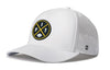 White 5-panel performance baseball cap with circular PIT X logo and perforated side
