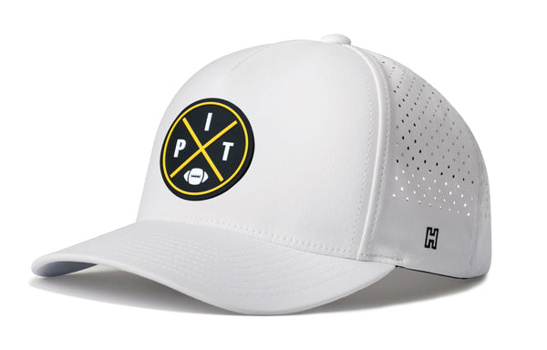 White 5-panel performance baseball cap with circular PIT X logo and perforated side