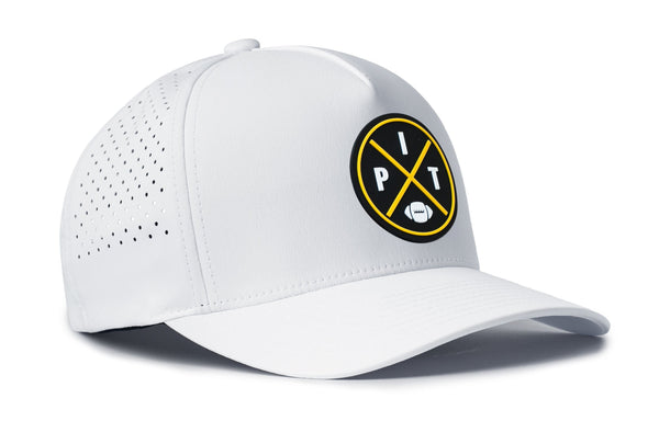 White 5-panel baseball cap with PIT X patch on front and perforated side holes