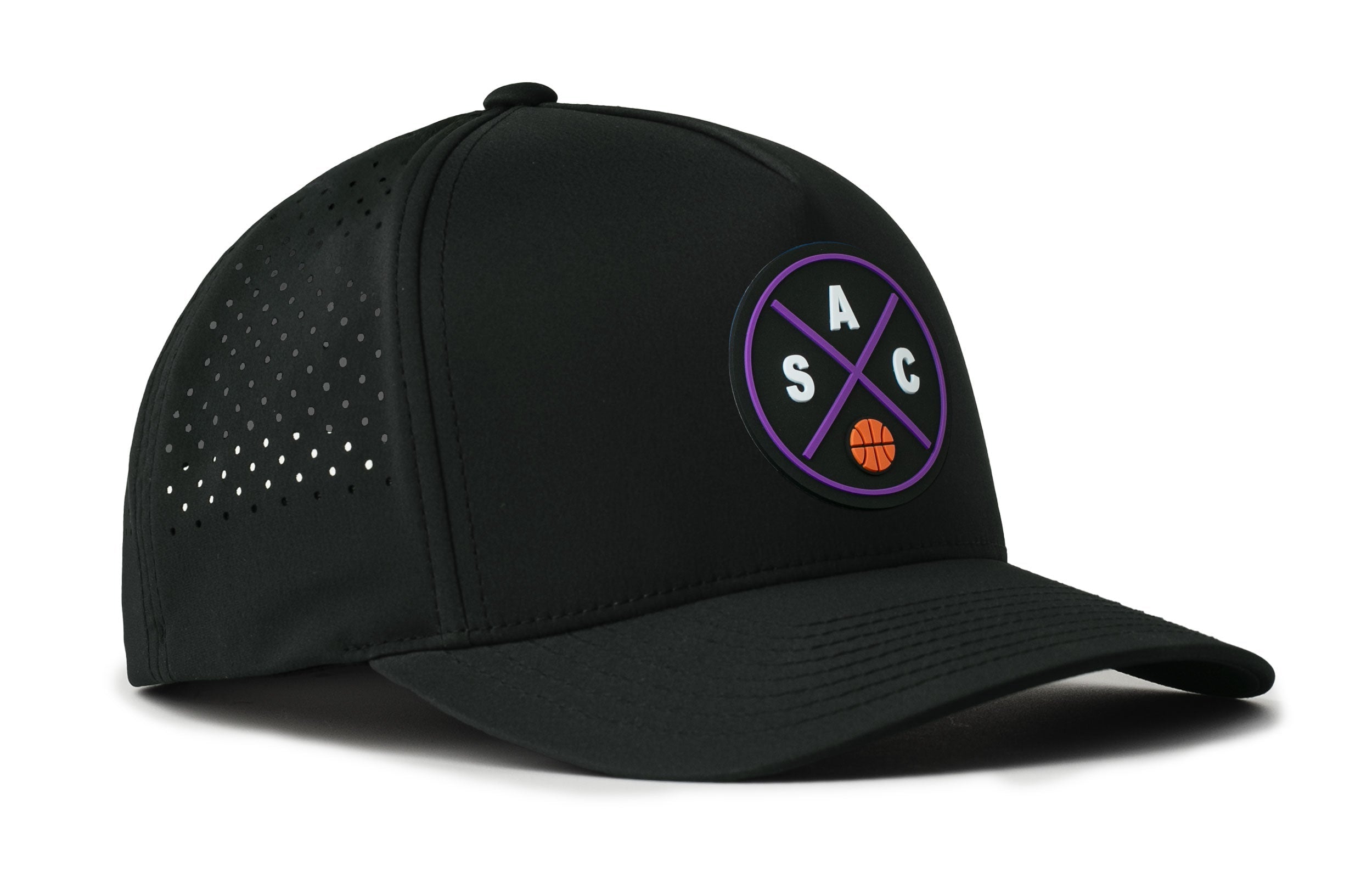 Black 5-panel basketball snapback hat with circular team logo patch and perforated side.