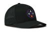 Black 5-panel basketball snapback hat with circular team logo patch and perforated side.