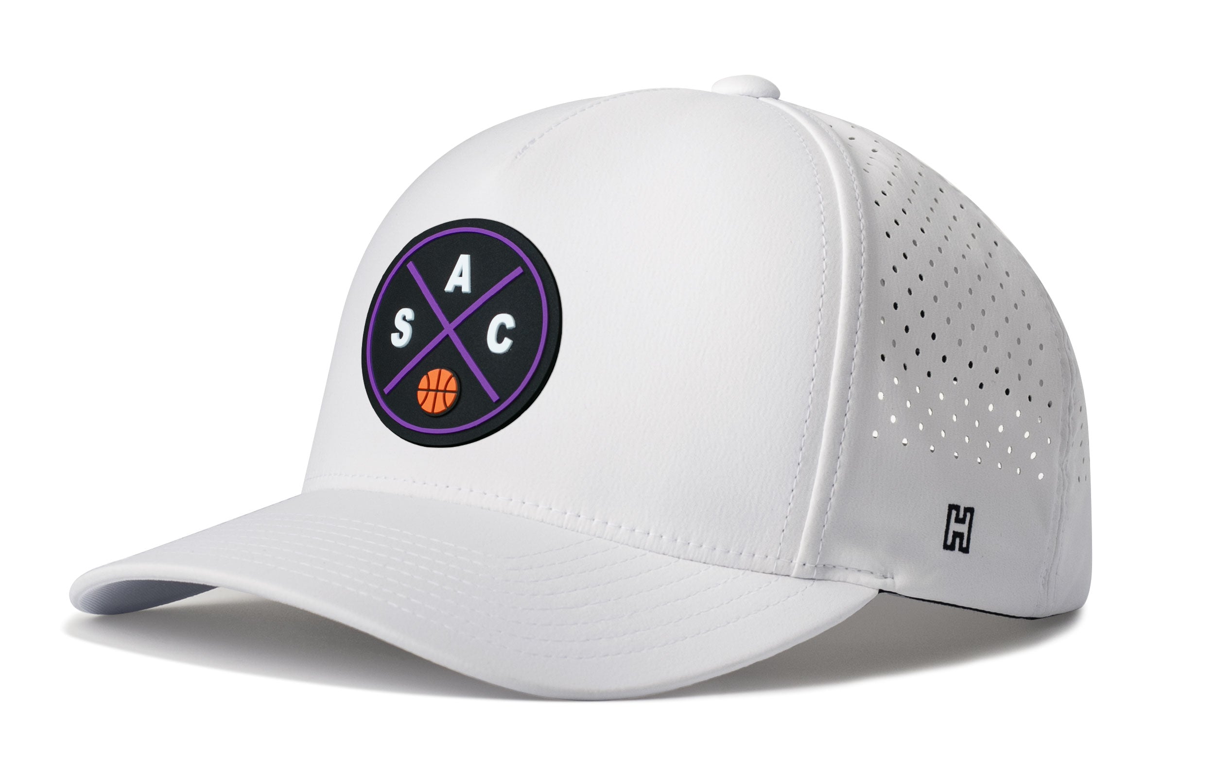 White 5-panel basketball snapback hat with circular team logo patch and mesh back.