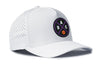White 5-panel basketball snapback hat with side perforations and circular team logo patch.