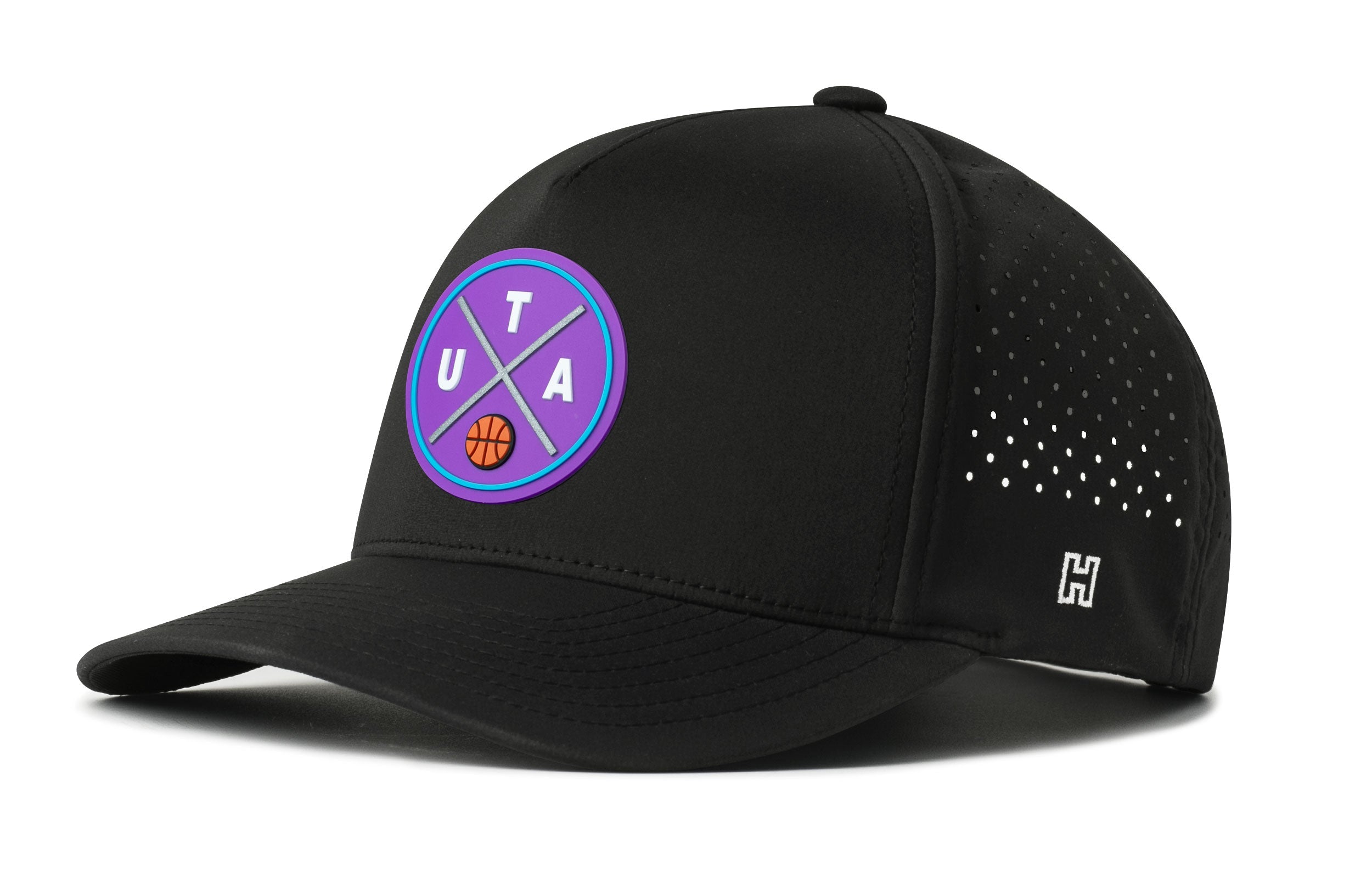 Black 5-panel performance snapback hat with basketball logo patch and perforated side panels