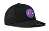 Black 5-panel performance snapback hat with purple basketball logo patch and perforated back