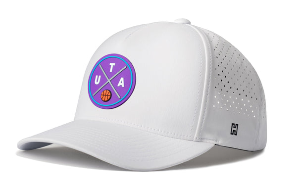 White 5-panel performance snapback hat with basketball logo patch and perforated side