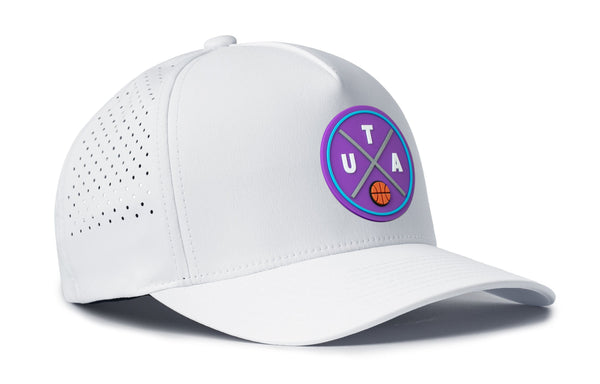 White 5-panel performance snapback hat with purple basketball logo patch and perforated panel