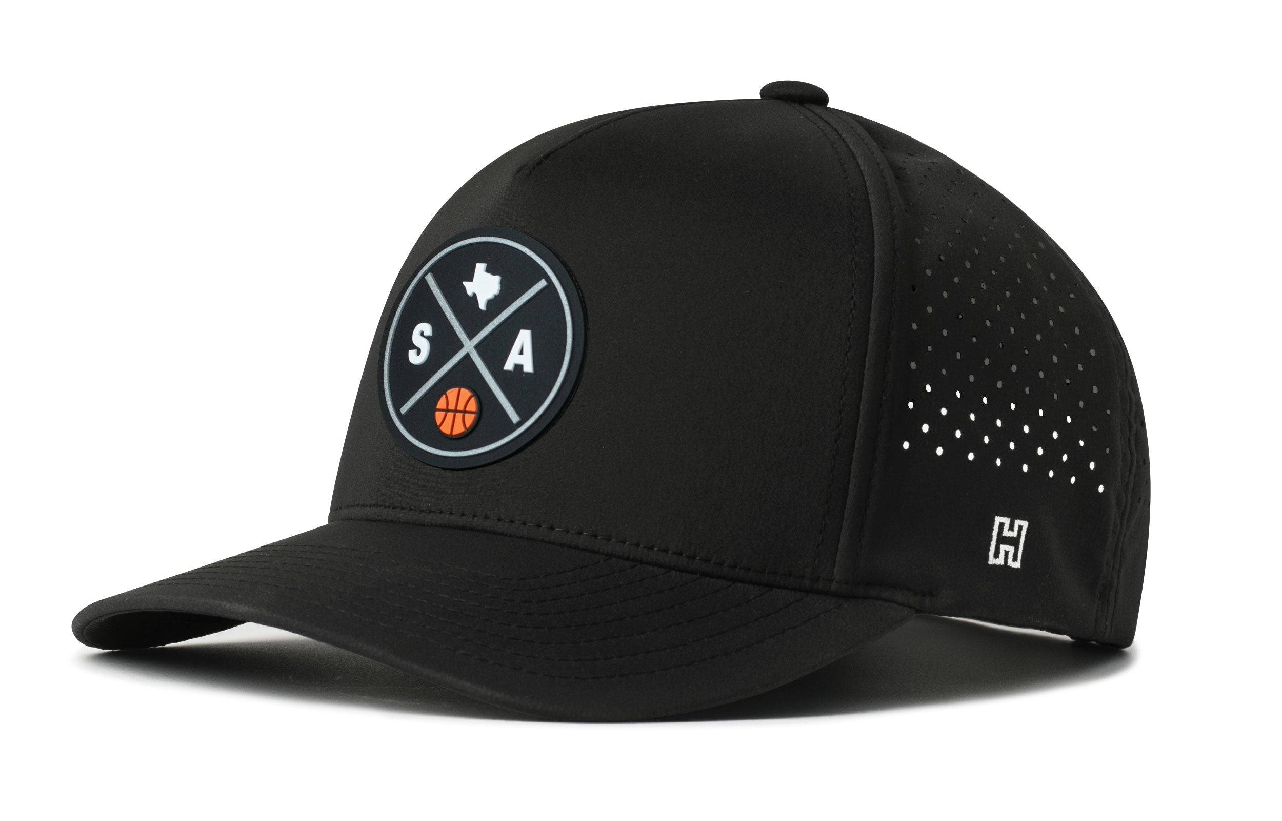Black 5-panel basketball cap with perforated side and round front logo patch