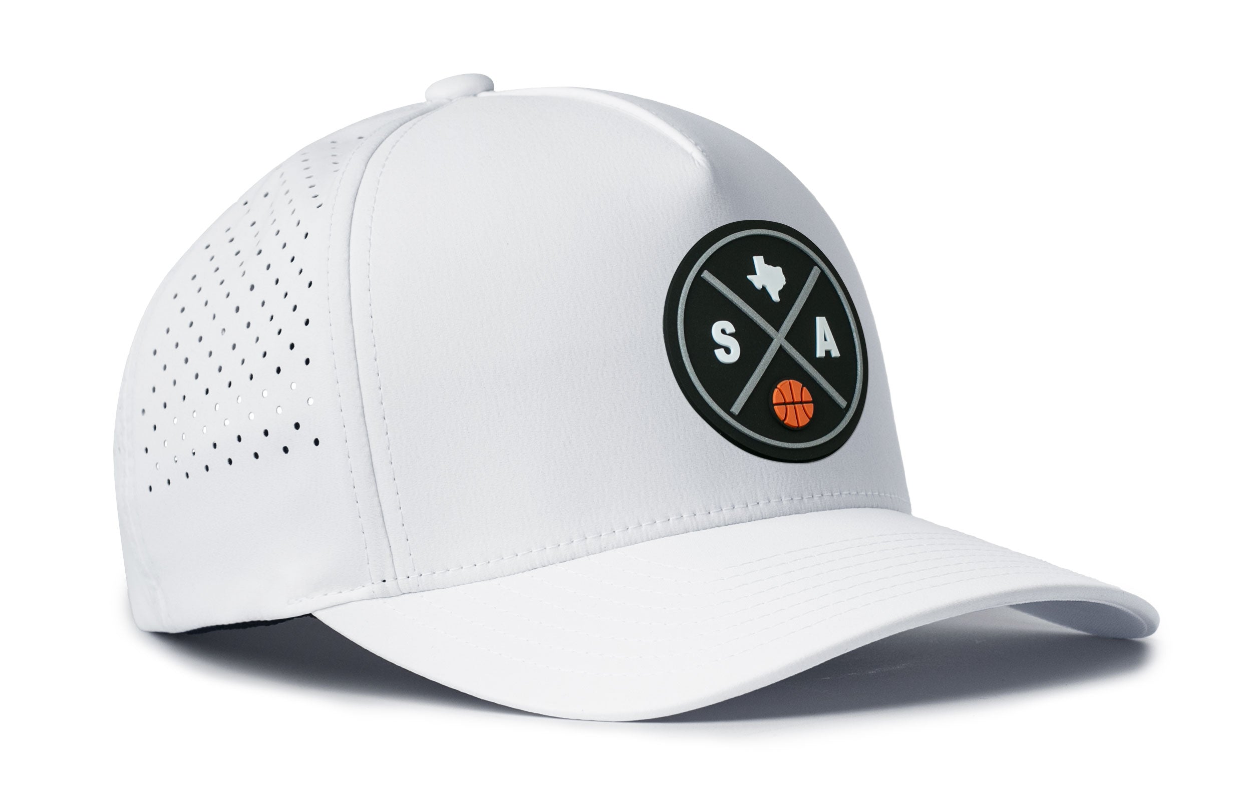 White 5-panel basketball cap with perforated side and round front logo patch