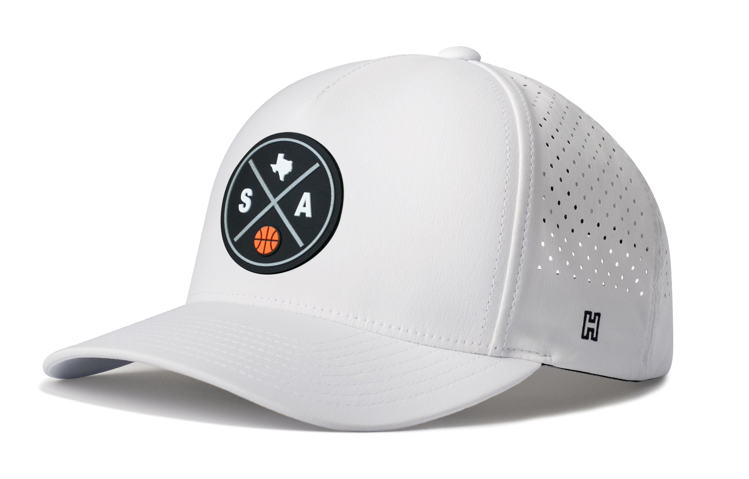 White 5-panel basketball cap with mesh back and round front logo patch