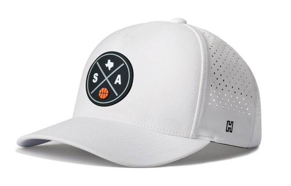 White 5-panel basketball cap with mesh back and round front logo patch
