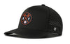 Black 5-panel baseball performance hat with logo patch and perforated side panels