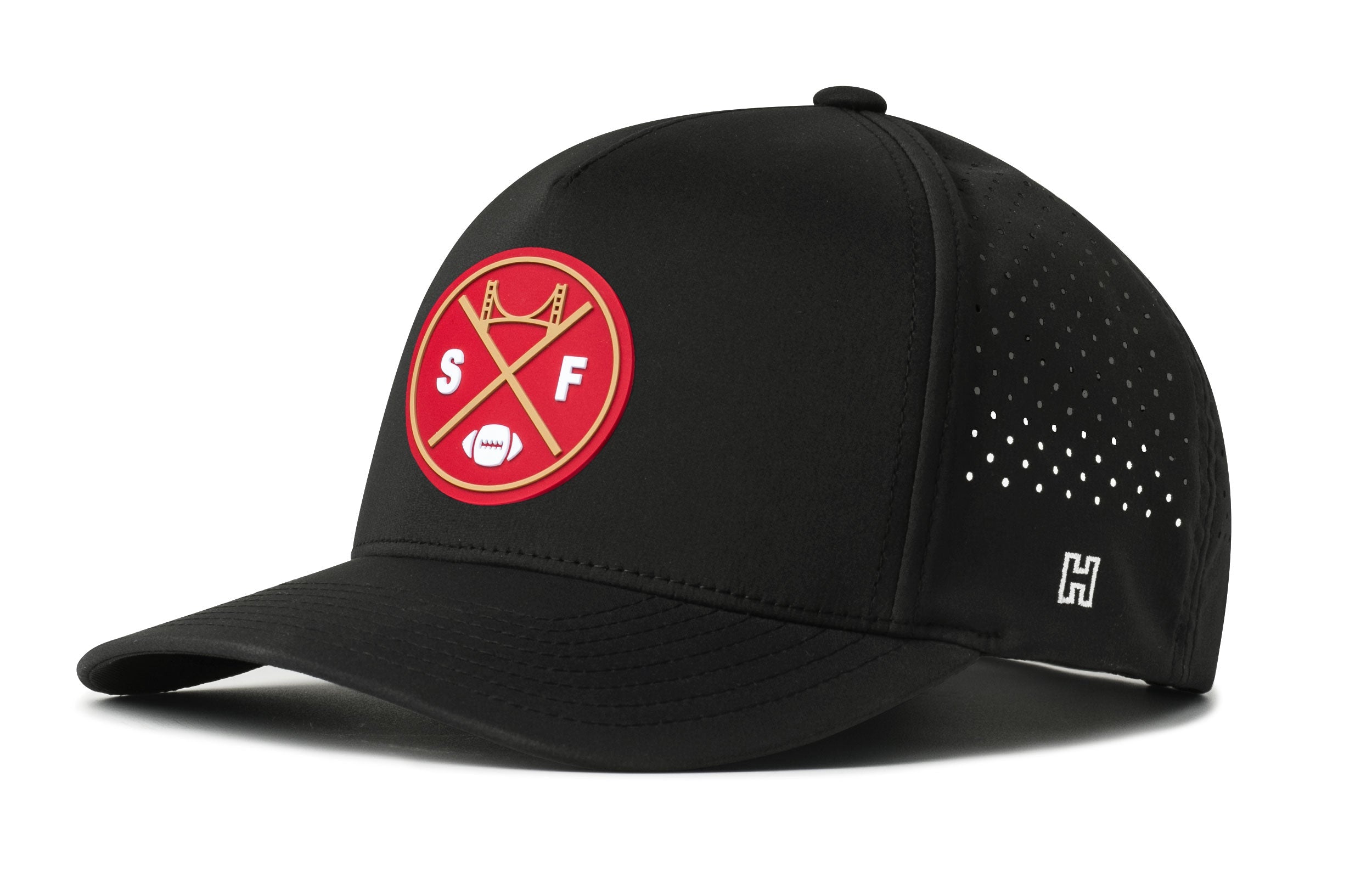 Black performance 5-panel snapback hat with red SF emblem and perforated side