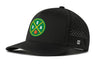 Black performance baseball cap with green round basketball logo patch and perforated side