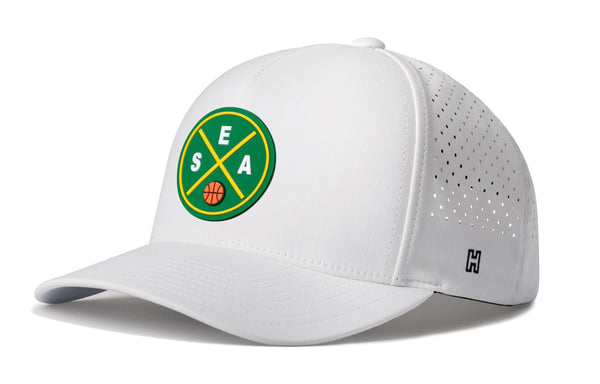 White performance baseball cap with mesh back panel and green round basketball logo patch