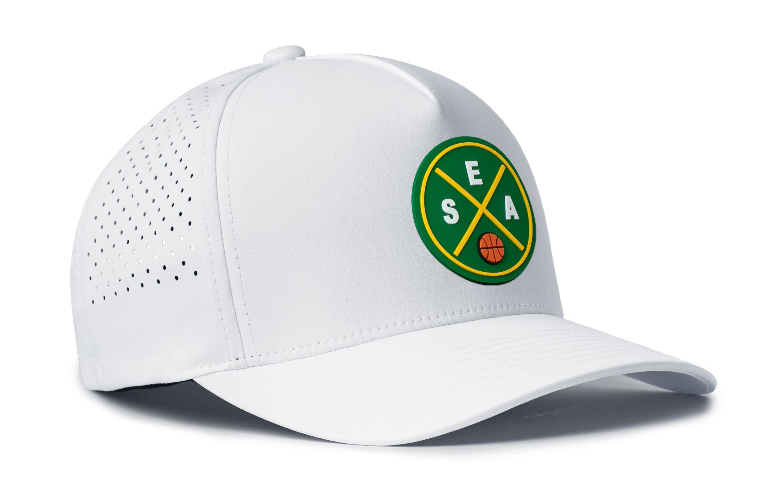 White performance baseball cap with green round basketball logo patch and perforated ventilation