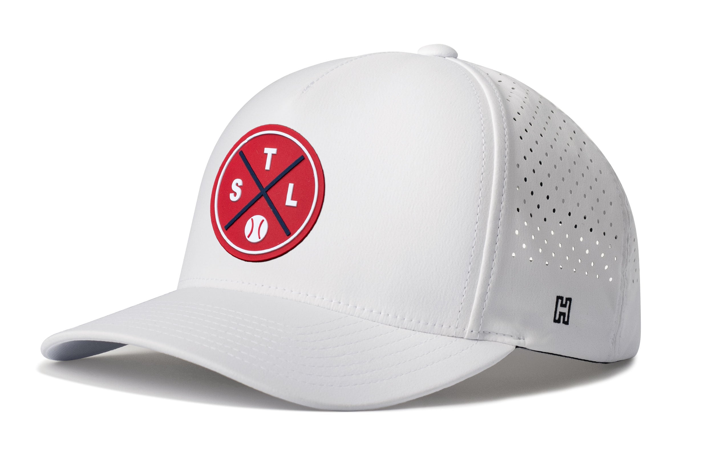 White 5-panel baseball cap with STL circular logo, perforated side panels, curved brim