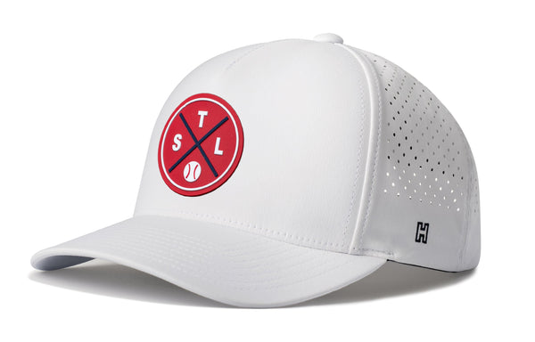White 5-panel baseball cap with STL circular logo, perforated side panels, curved brim
