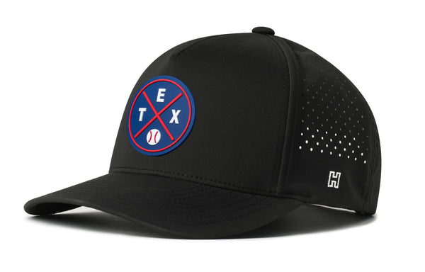 Black 5-panel baseball cap with TEX X circular logo, perforated side, snapback