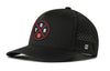 Black 5-panel snapback hat with TR logo patch, perforated side, and small H logo.