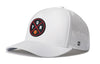 White 5-panel snapback hat with circular TR logo patch and perforated side mesh.