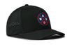 Black 5-panel performance hat with circular WAS logo and dotted perforation on side