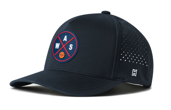 Navy 5-panel performance hat with circular WAS logo and dotted perforation on side