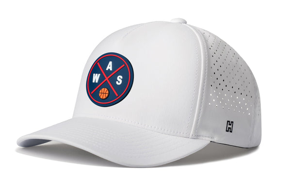 White 5-panel performance hat with circular WAS logo and perforated side panel