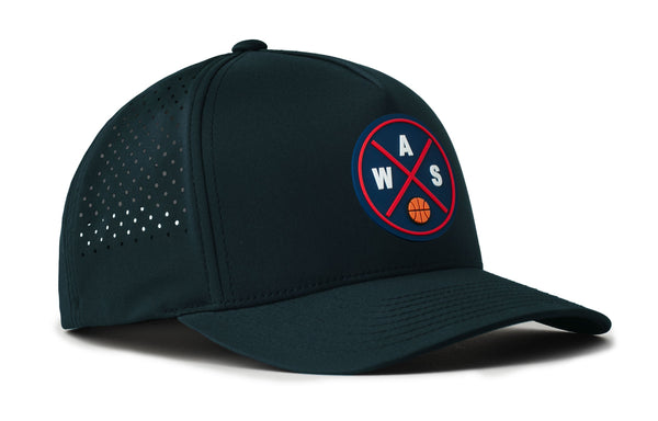 Navy 5-panel performance hat with circular WAS logo and dotted perforation on side