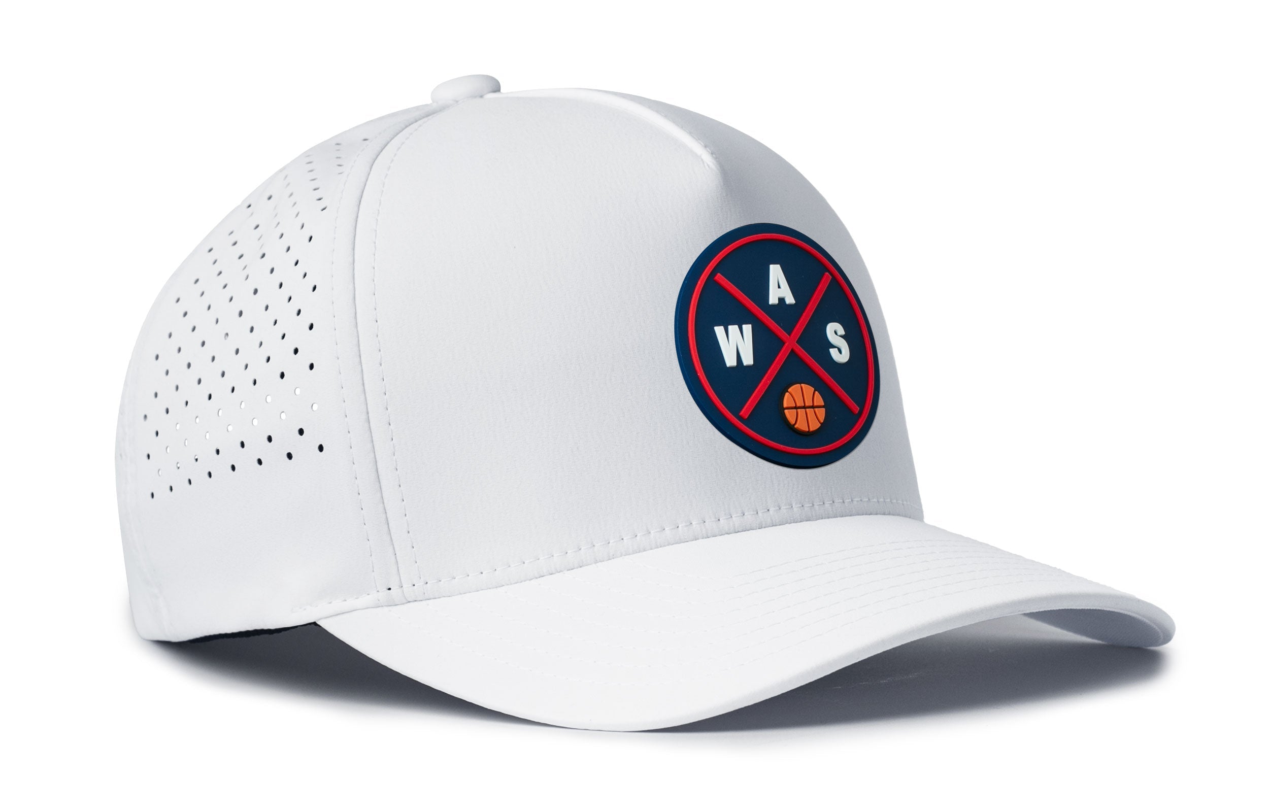 White 5-panel performance hat with circular WAS logo and dotted perforation on side