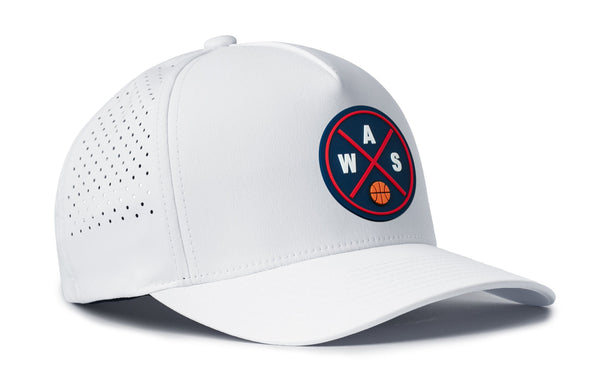 White 5-panel performance hat with circular WAS logo and dotted perforation on side