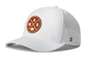 White 5-panel performance snapback hat with AXS logo patch and perforated side