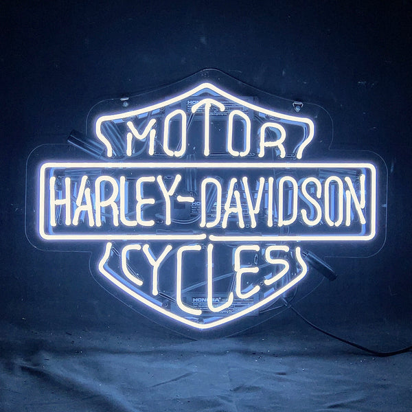Harley-Davidson motorcycle neon sign with bright white-blue glow and connected cable