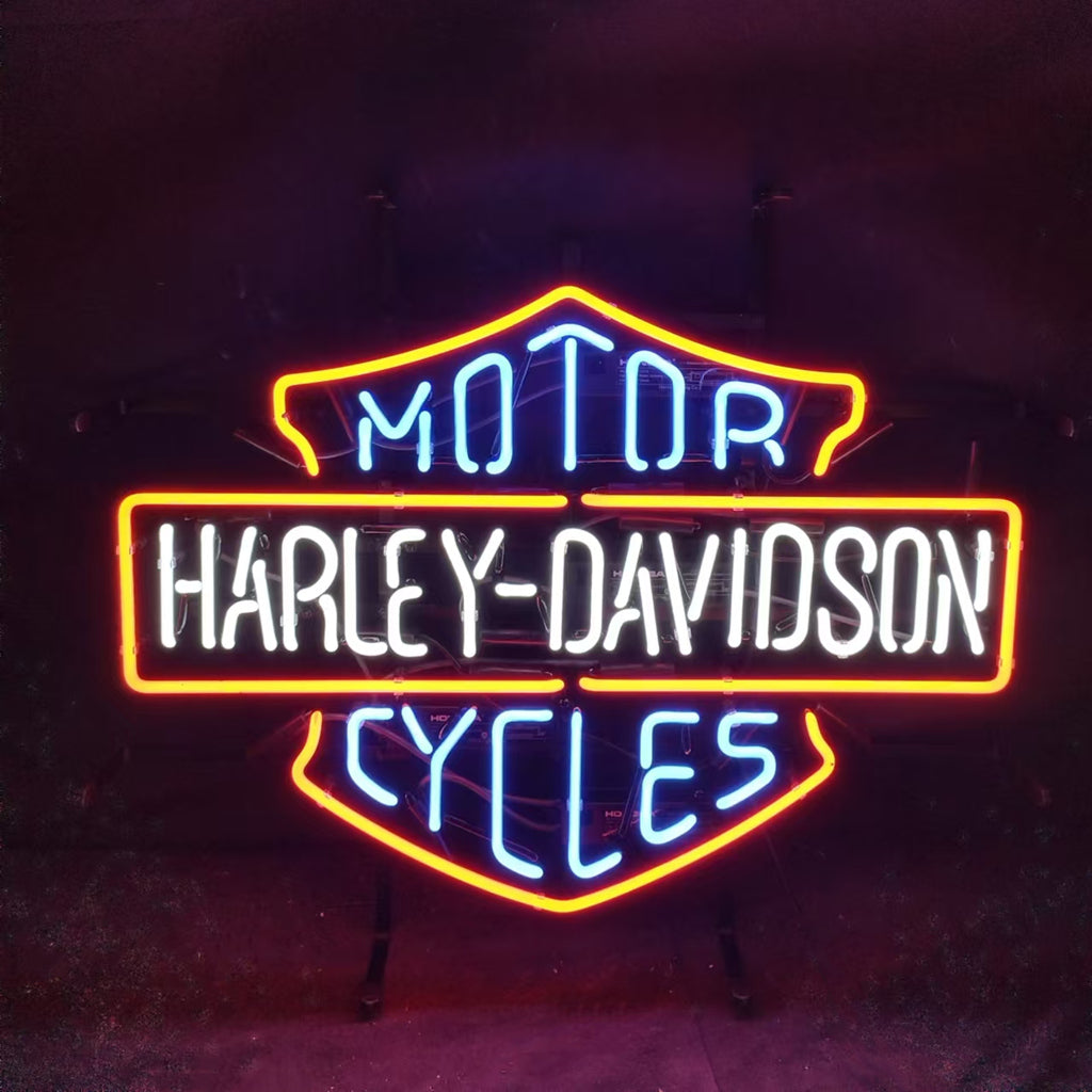 Neon motorcycle sign with blue MOT0R? and CYCLES, bright orange Harley-Davidson middle bar