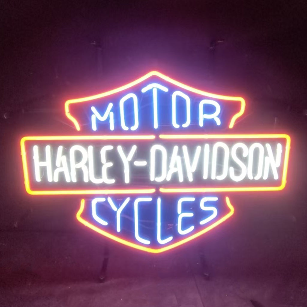 Neon motorcycle sign with blue MOT0R? and CYCLES, orange border, Harley-Davidson text