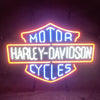 Neon motorcycle sign with blue MOT0R? and CYCLES, orange border, Harley-Davidson text