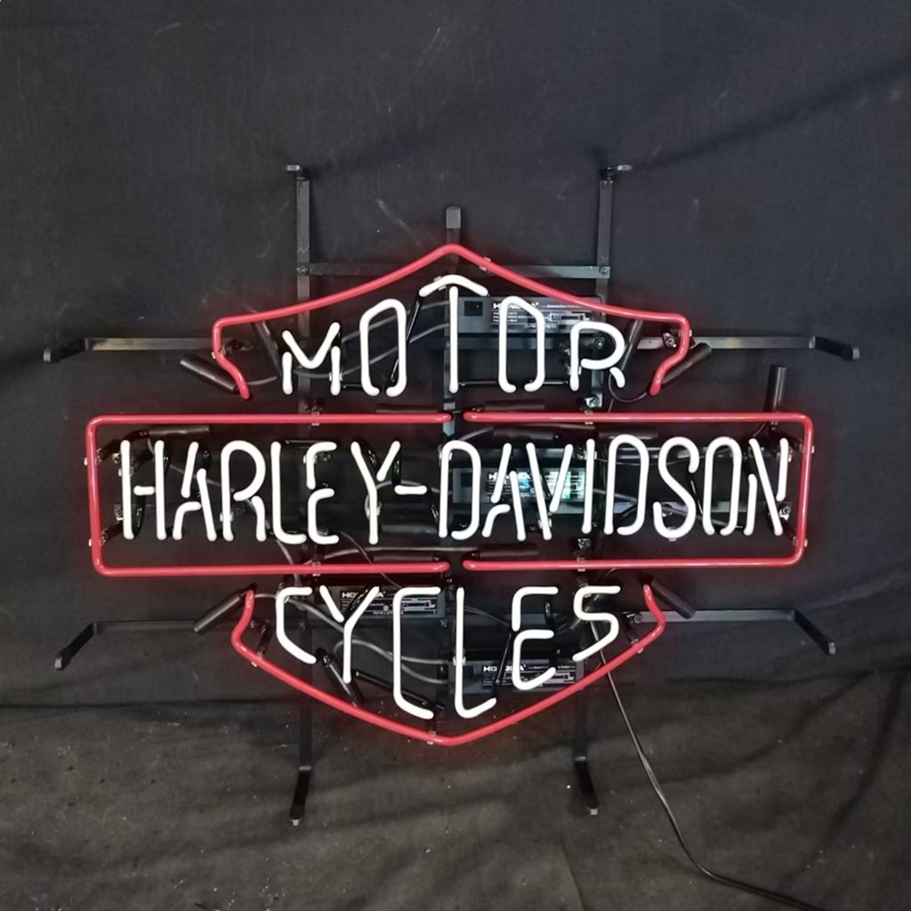 Mounted neon motorcycle sign with red outline, blue MOT0R? and CYCLES, white Harley-Davidson