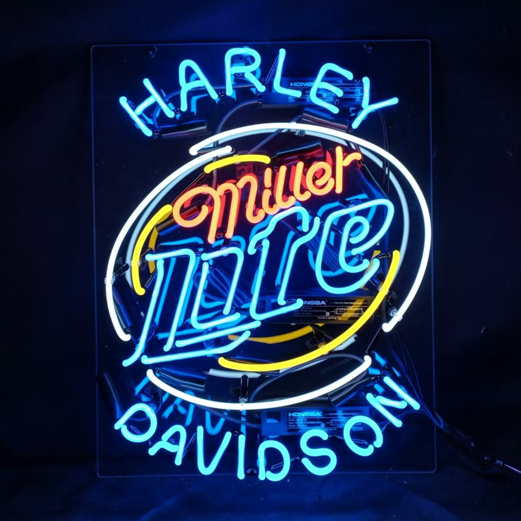 Harley Davidson Miller Lite neon sign lit, showing Harley, Miller and 1211 on panel