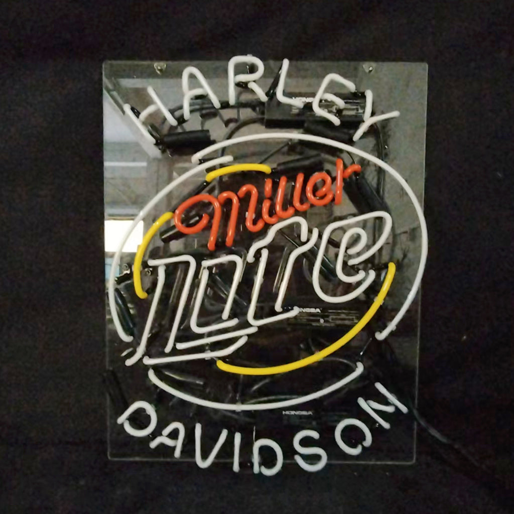 Harley Davidson Miller Lite neon sign on glass panel with Harley and Miller lettering