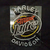 Harley Davidson Miller Lite neon sign on glass panel with Harley and Miller lettering