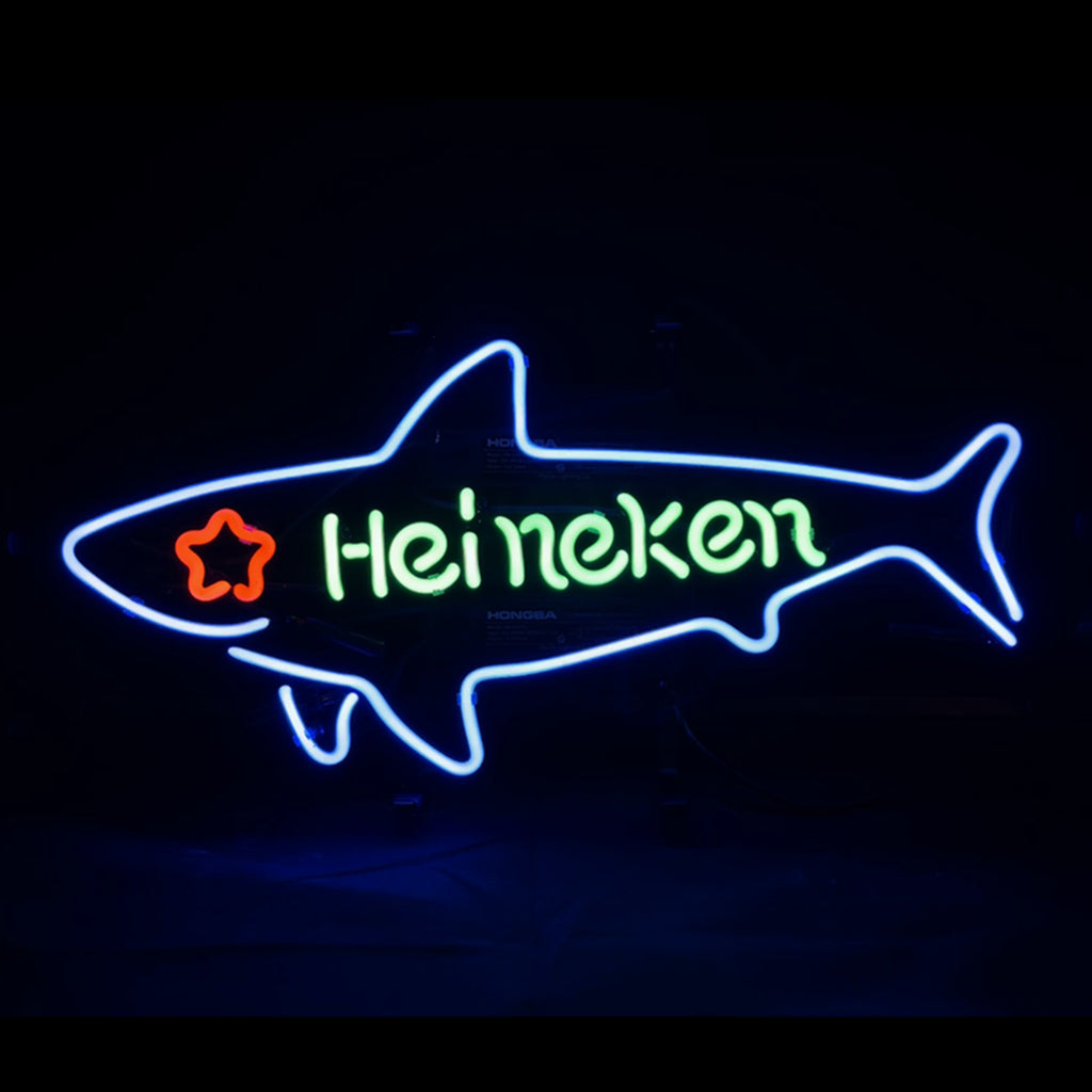 Neon shark light sign with Heineken text, blue outline and orange logo